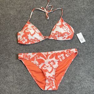Billabong Women Size XL Beach Babe Triangle Bikini Set Hibiscus Orange White NEW